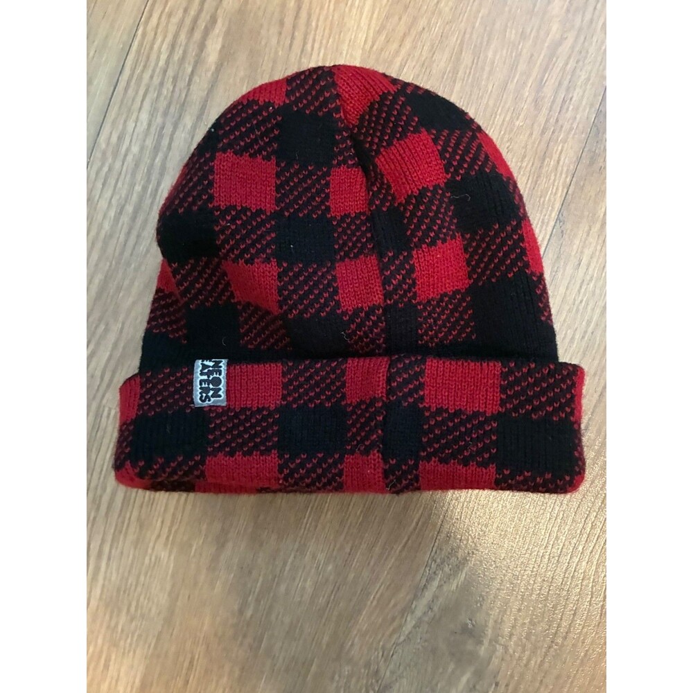 Neon Eaters Red Black Buffalo Plaid Beanie Cuffed Knit Winter Hat One Size OSFA